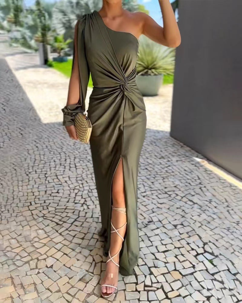 One Shoulder Knot Slit Solid Color Slim Fit Dress
