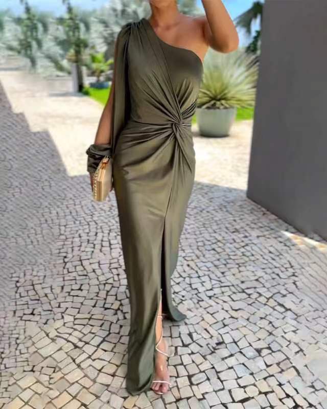 One Shoulder Knot Slit Solid Color Slim Fit Dress
