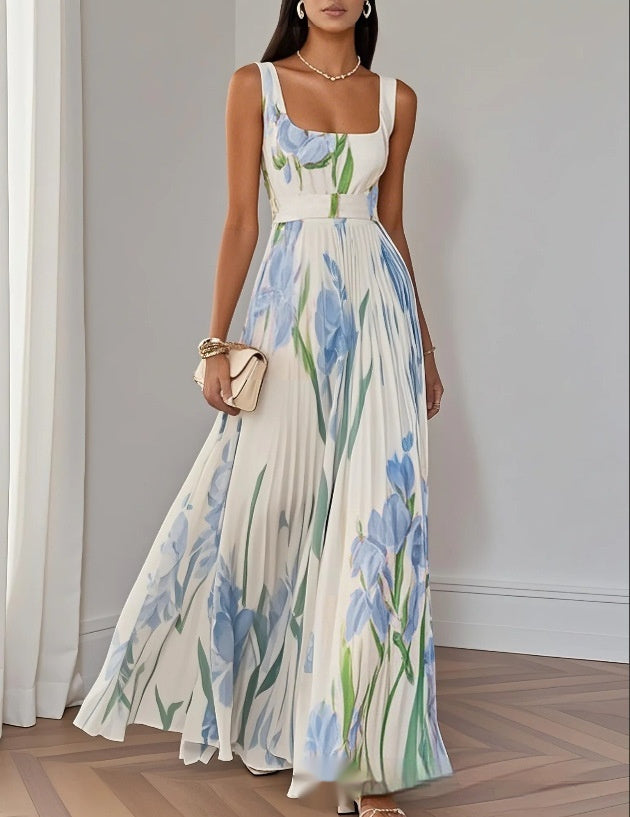 Pleated Floral Printed Long Dress
